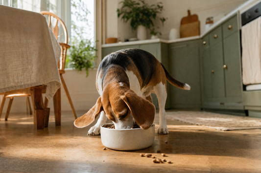 Beagle eating from a ceramic bowl in a warm kitchen, morning light