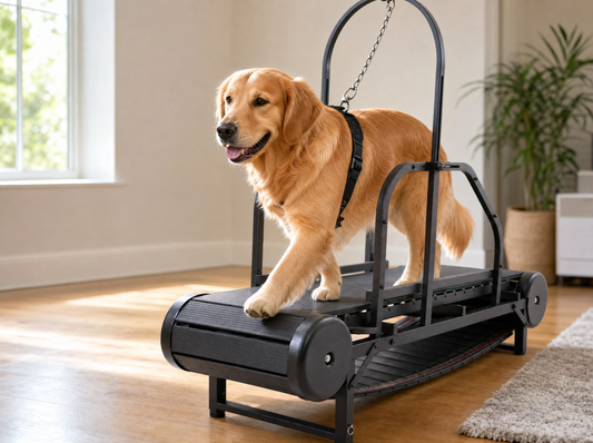 Golden retriever mid-stride on the ROV Running Machine in a bright living room