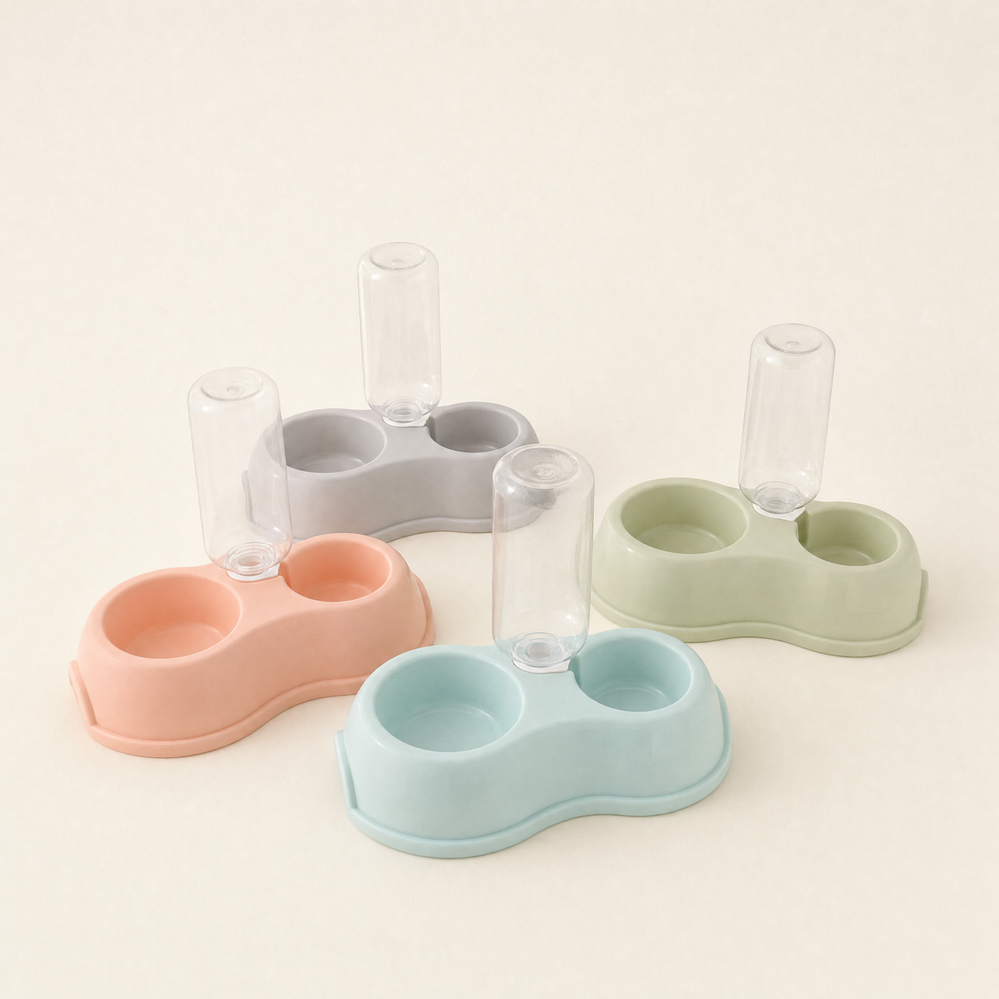 Double bowl feeding station with gravity water bottle, four colours, studio view on cream background