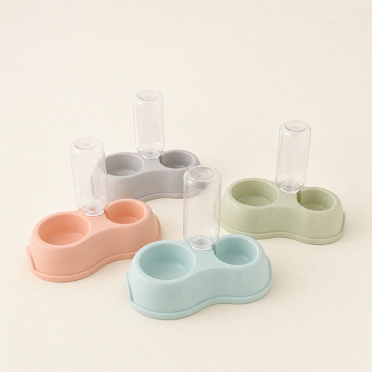Double bowl feeding station with gravity water bottle, four colours, studio view on cream background
