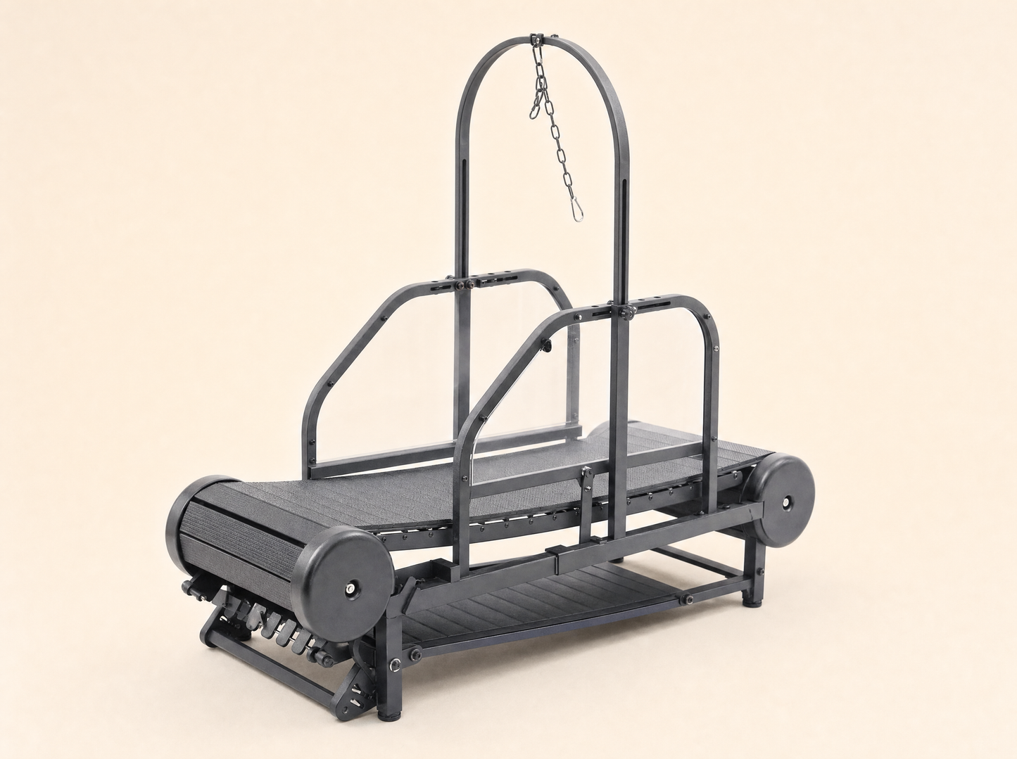 ROV Running Machine, rear three-quarter view showing the incline mechanism and folding hinge