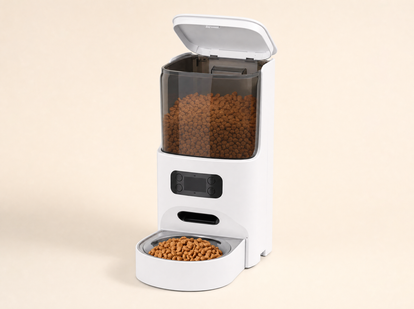Automatic pet feeder with lid open showing the kibble reservoir