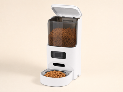 Automatic pet feeder with lid open showing the kibble reservoir