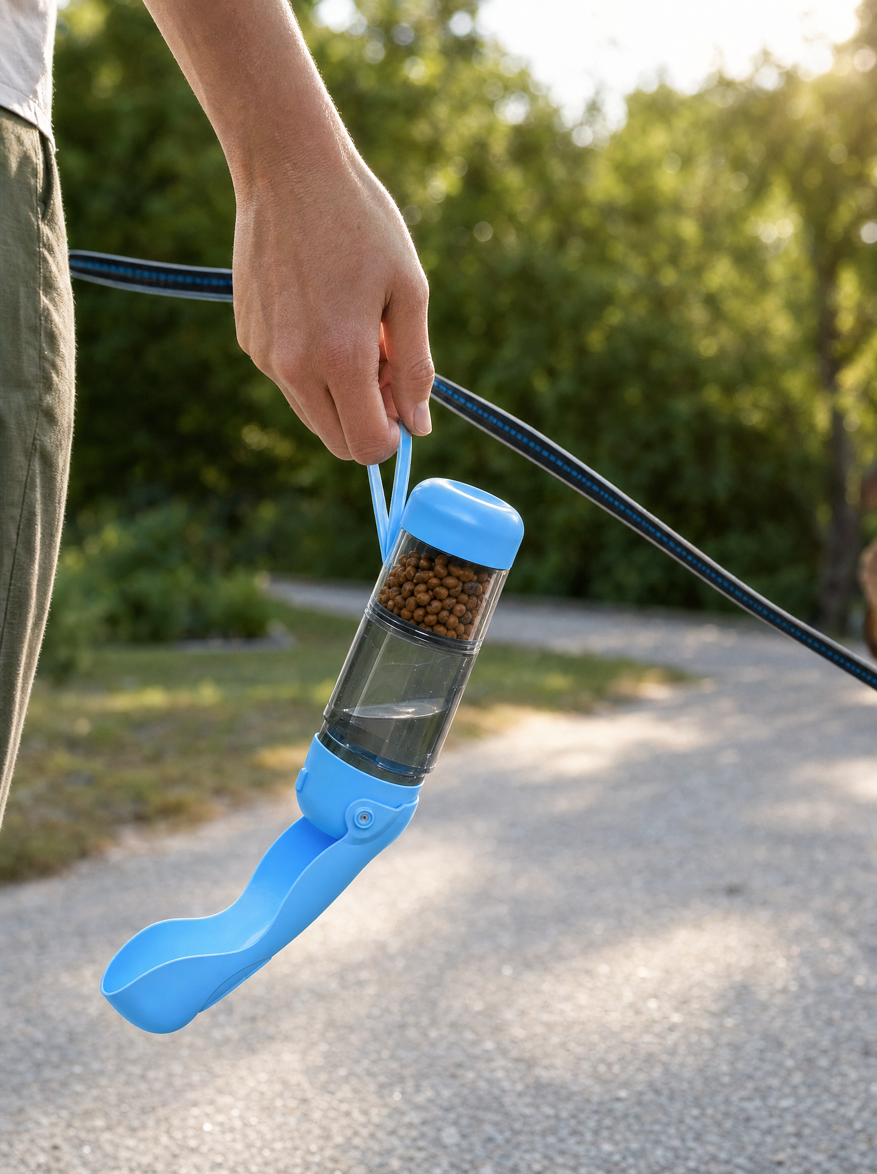 3-in-1 dog water bottle carried by its wrist strap on a walk