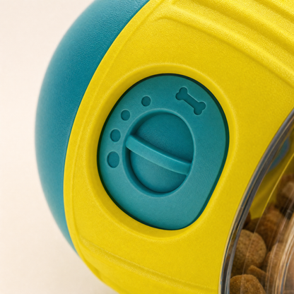 Treat-dispensing toy ball adjustable dial detail
