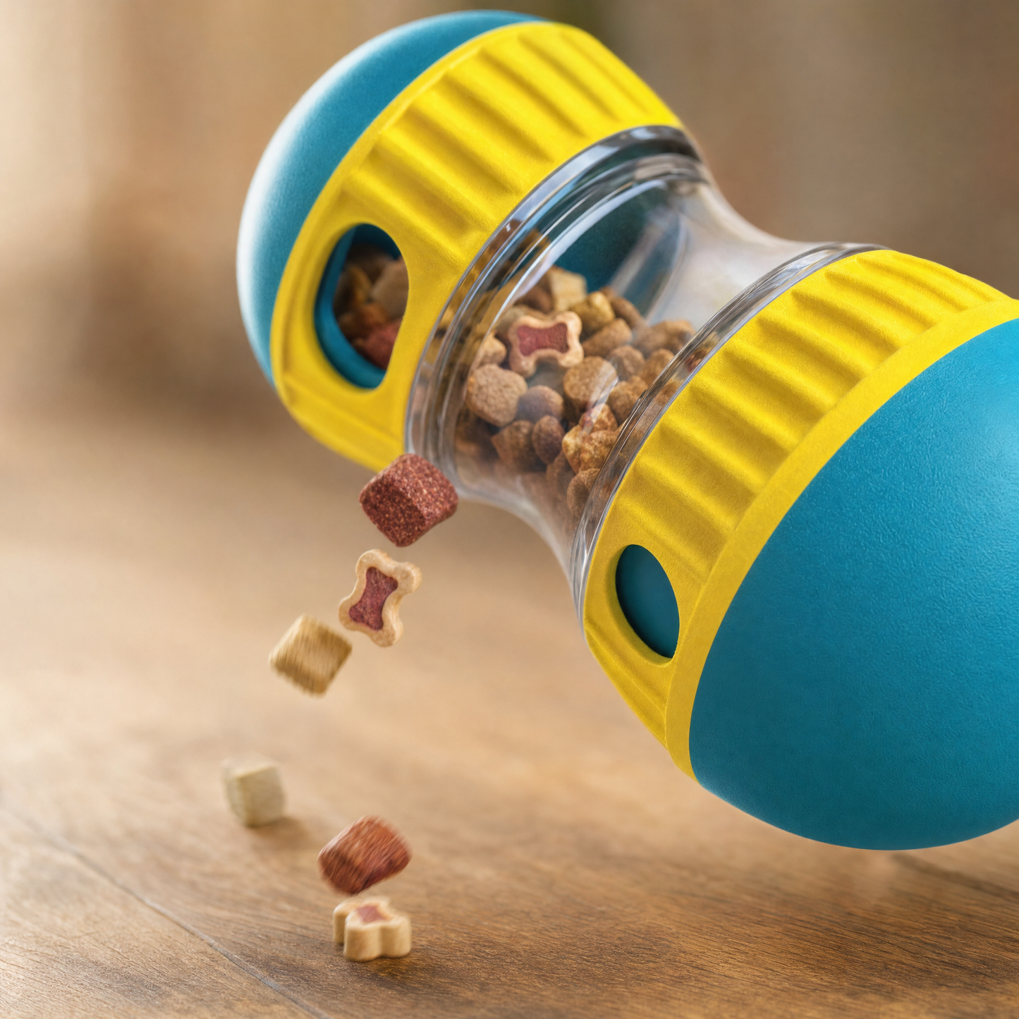 Treats falling from the treat-dispensing toy ball