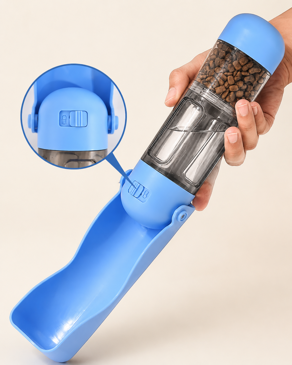 3-in-1 dog water bottle lock button and kibble compartment detail