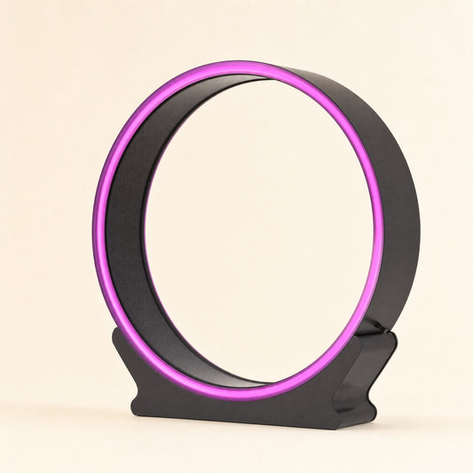 Cat exercise wheel with LED light ring, studio view on warm cream background