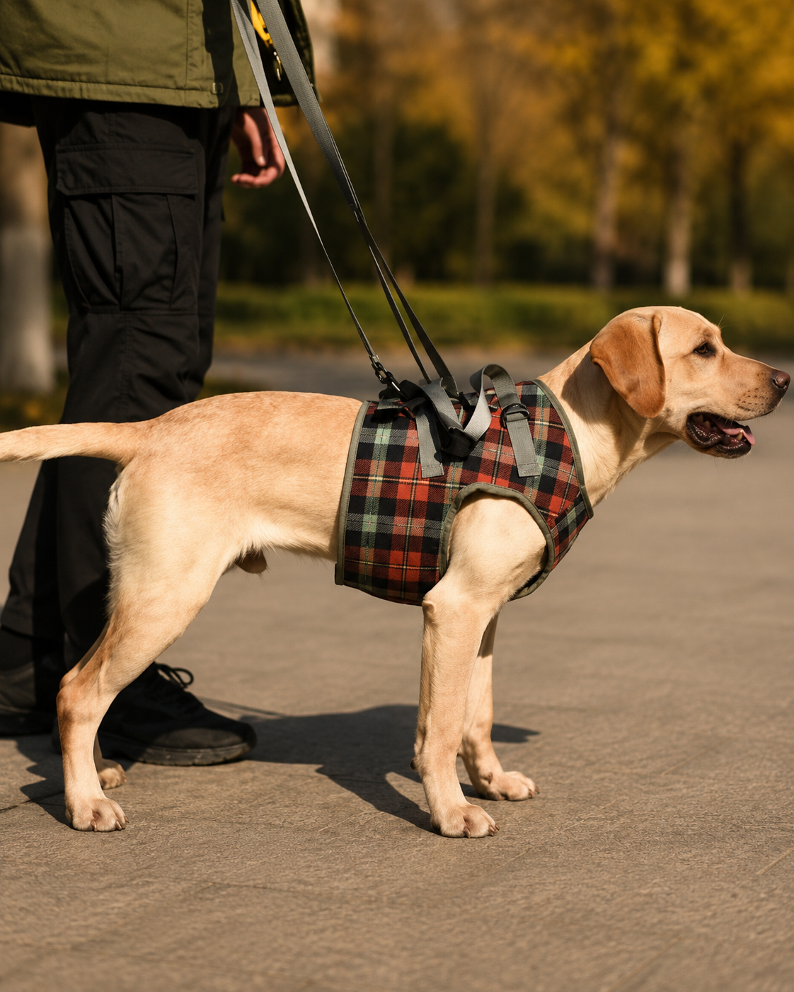 Dog wearing lift harness on a walk