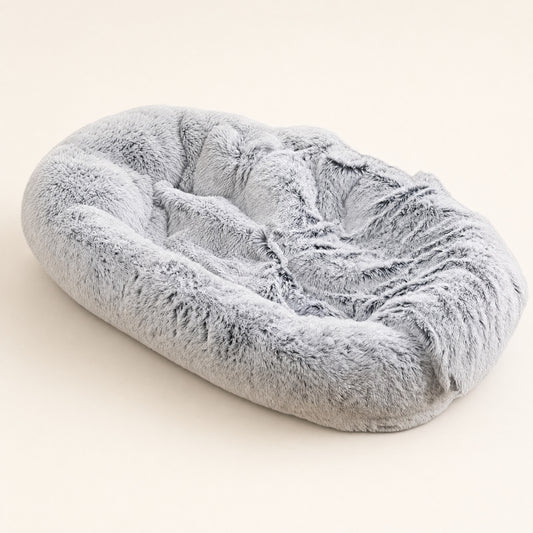 Giant plush grey dog bed, solo product shot