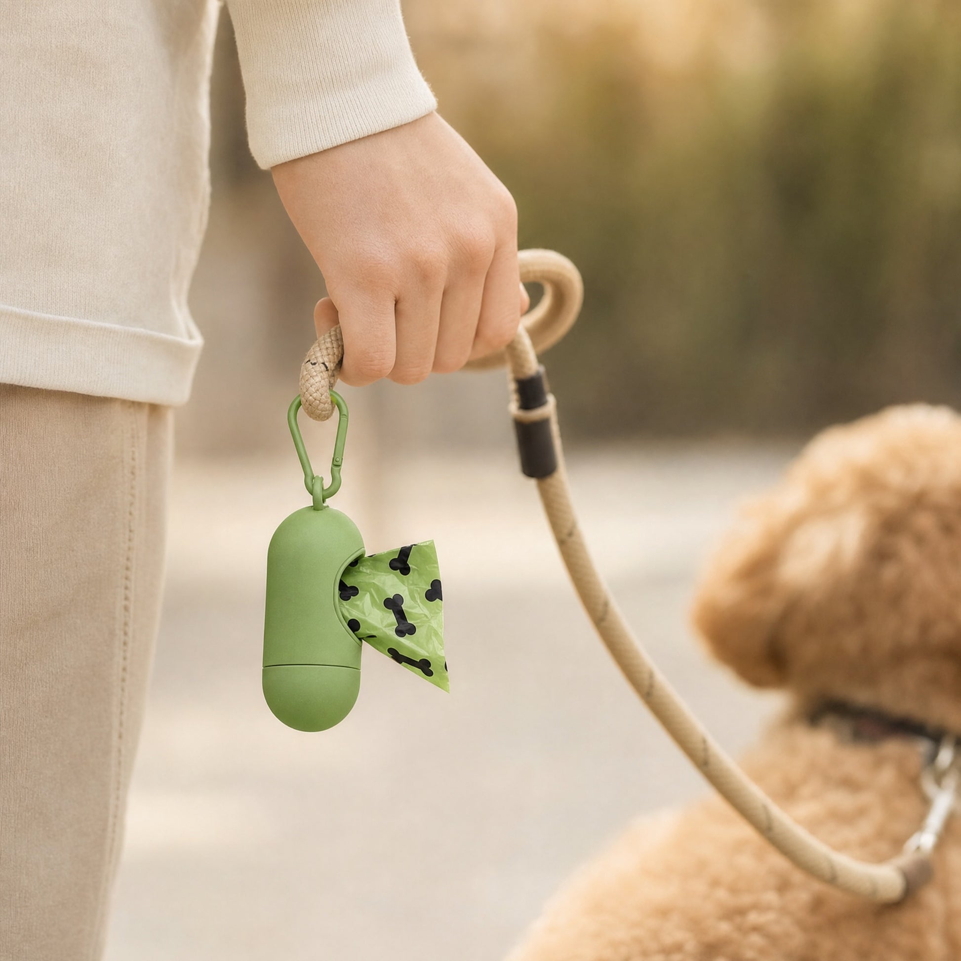 Poop bag dispenser clipped to a leash during a dog walk