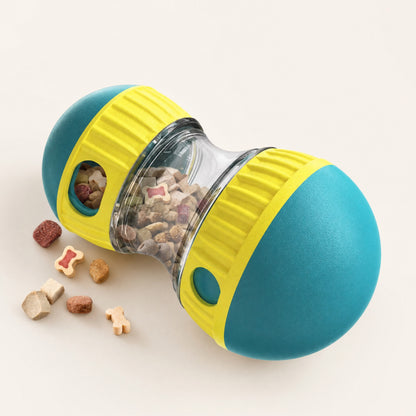 Teal and yellow treat-dispensing toy ball, studio hero shot