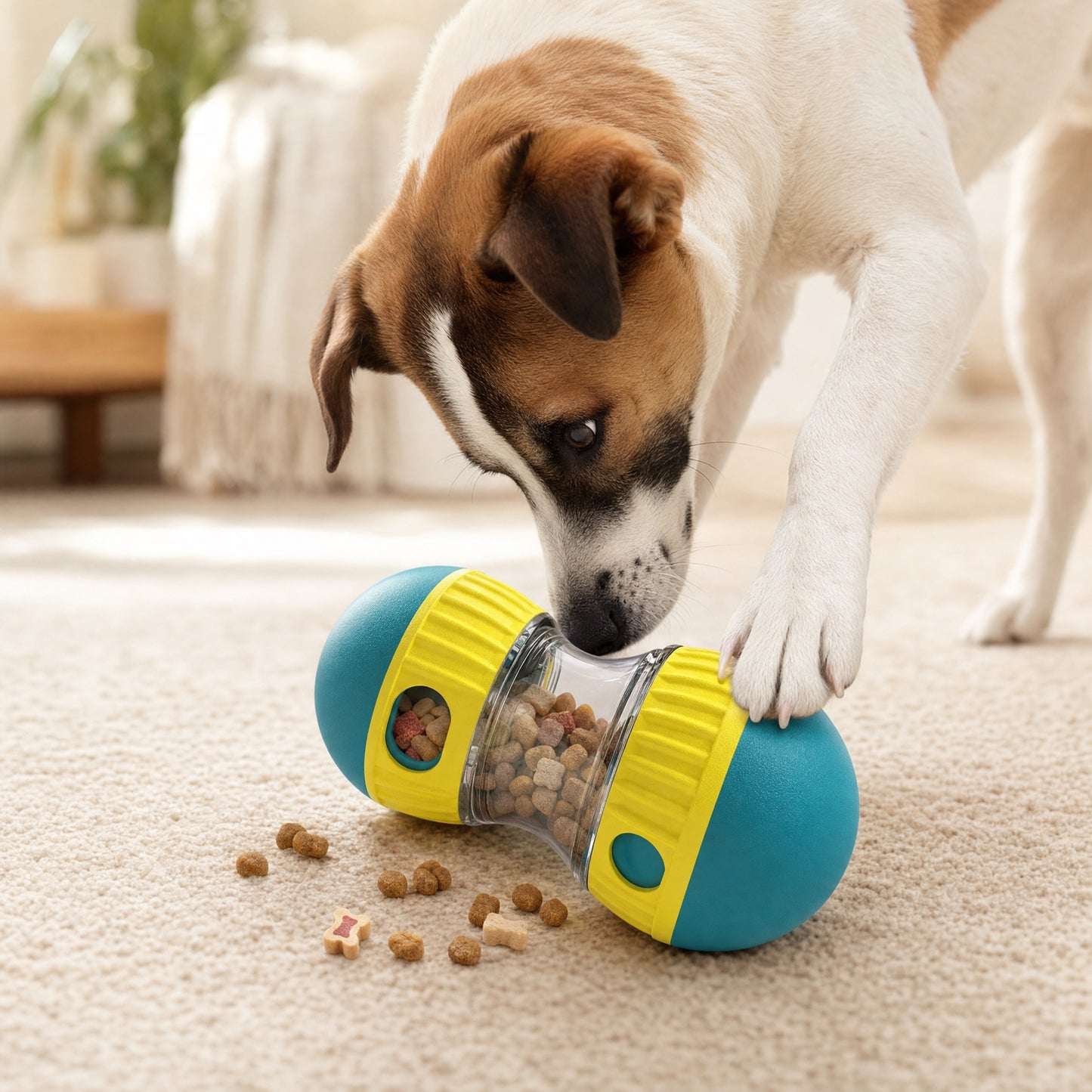 Dog playing with the treat-dispensing toy ball at home